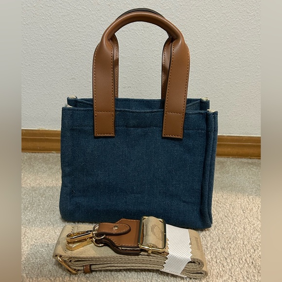 NWT True Religion Buddha Guitar Logo Denim Crossbody Mini Tote Dark Blue - Picture 2 of 14